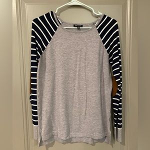 Grey and Navy sweater with suede elbow patches